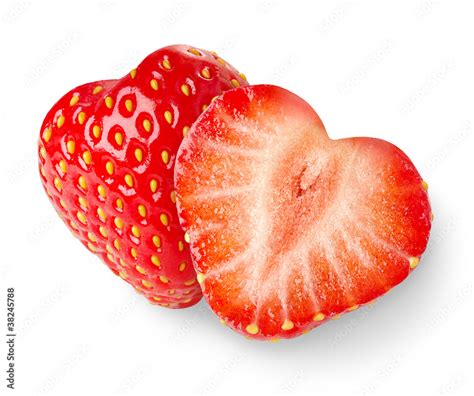 Isolated Strawberries Two Heart Shaped Strawberry Fruits Cut In Half