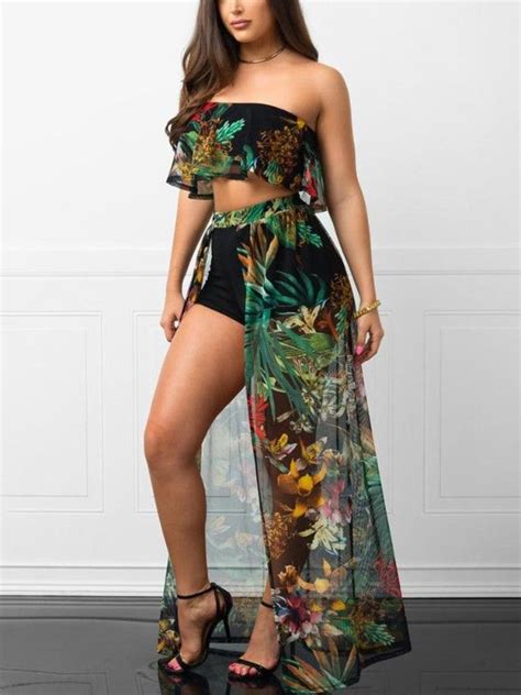 tropical print cropped topandshorts maxi dress pool party dresses beach party outfits party