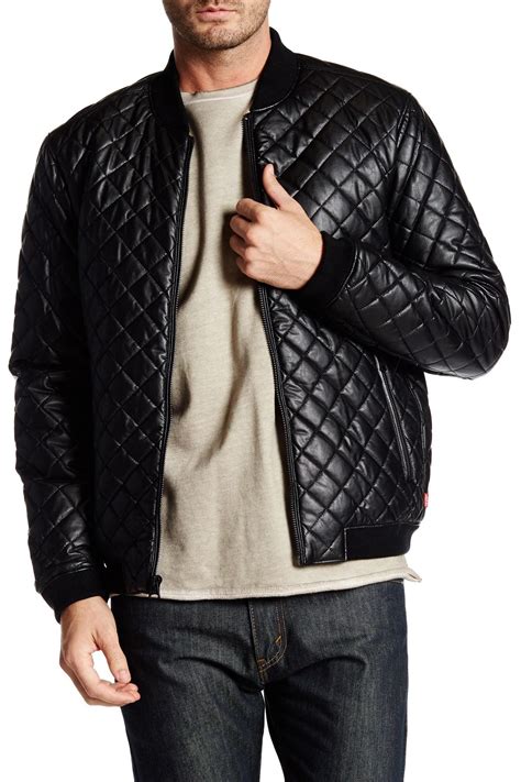 Levis Faux Leather Diamond Quilted Puffer Bomber Jacket In Black For