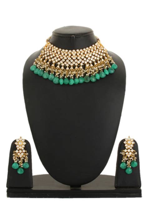 Green Colour Ethnic Kundan Indian Choker Necklace Set For Women Dilan