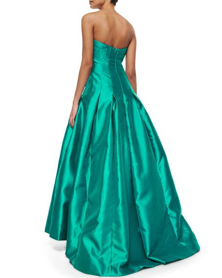 Monique Lhuillier Strapless Pleated Ball Gown Teal