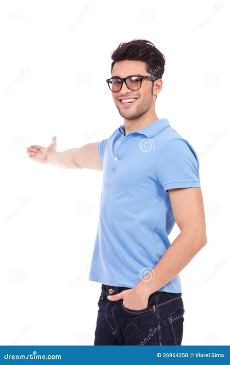 Young Man Pointing To The Back Stock Photo Image Of Displaying Smile