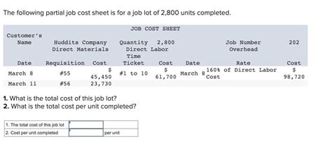 Solved The Following Partial Job Cost Sheet Is For A Job Lot Chegg