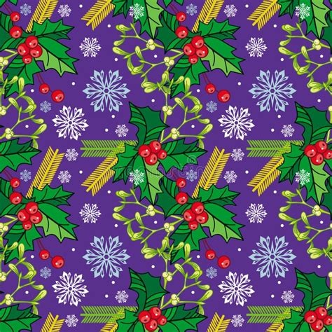 Seamless Christmas Pattern With Holly Berry And Snowflakes Vector Clip