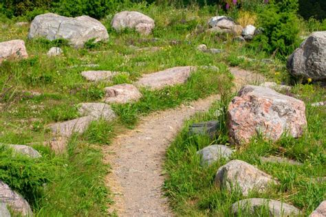 Curved Pathway In Between Rocks And Grasses Stock Photo Image Of
