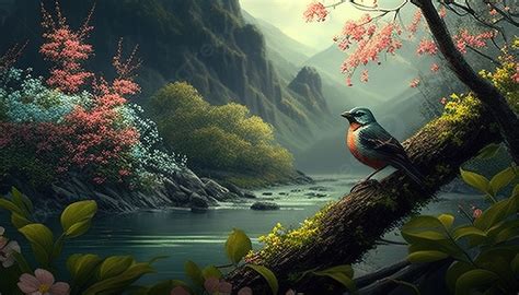 Bird On A Branch Against A Mountain With A River Surrounded By Flowers