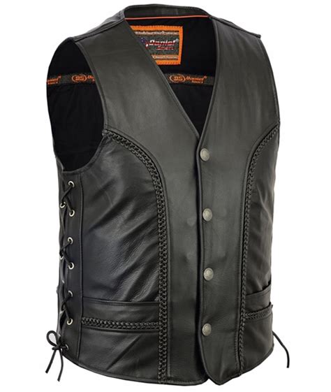 Mens Braided Leather Biker Vest With Side Lacing Details