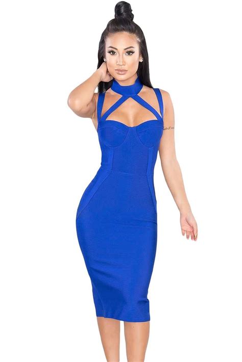 Fashion Royal Blue High Neck Hollow Out Bandage Dress Royal Blue Dresses Bandage