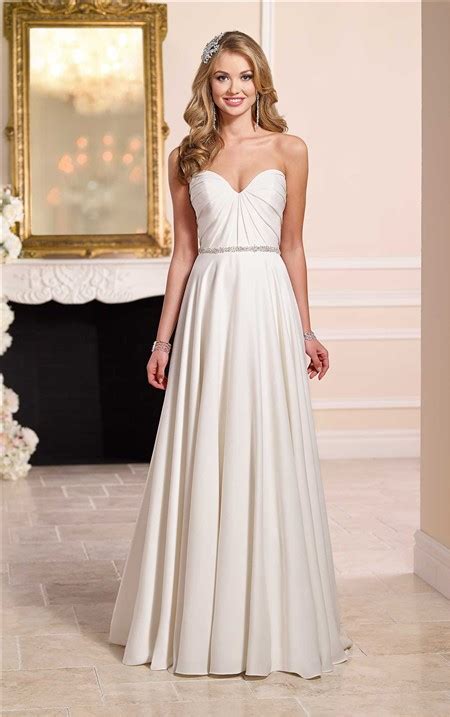 A Line Strapless Sweetheart Satin Pleated Wedding Dress Crystals Belt