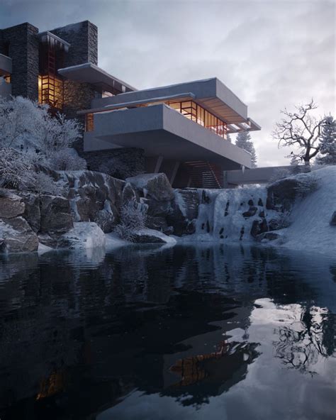 Fallingwater House Is Visualized By Artist Denys Onyshchenko From