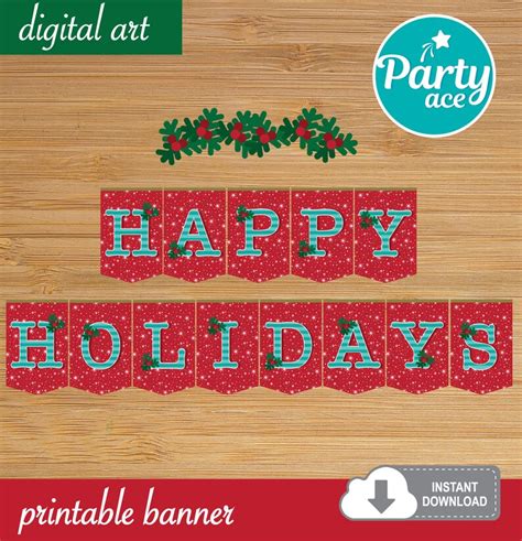 Happy Holidays Printable Merry Christmas Banner Decoration Etsy