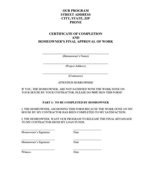 Contractor Certificate Of Completion Templates