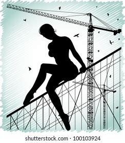 Silhouette Naked Woman Sitting On Construction Stok Vektör Telifsiz