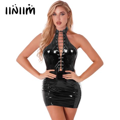 Womens Glossy Patent Leather Halter Dress Clubwear Hollow Out Lace Up