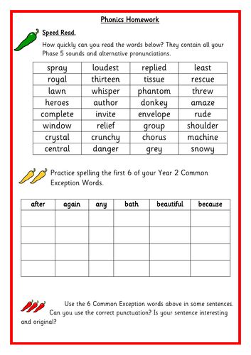 Year 2 Term 1a Spelling Phonics Homework Teaching Resources