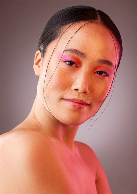 Futuristic Makeup Asian Beauty And Woman In Studio Portrait With Neon Light For Cosmetics