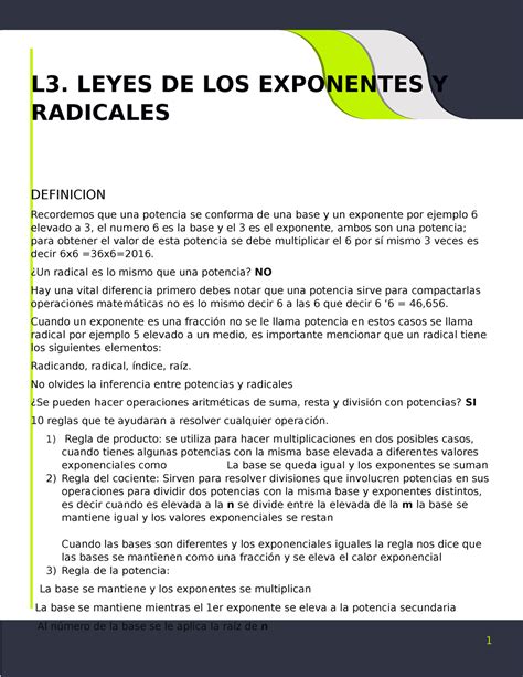 L3 Leyes De Los Exponentes Y Radicales L3 Leyes De Los Exponentes Y