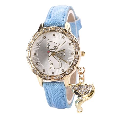 Fashion Cute Cat Pattern Women Girl Watch Luxury Diamond Analog Leather Quartz Wrist Watches 