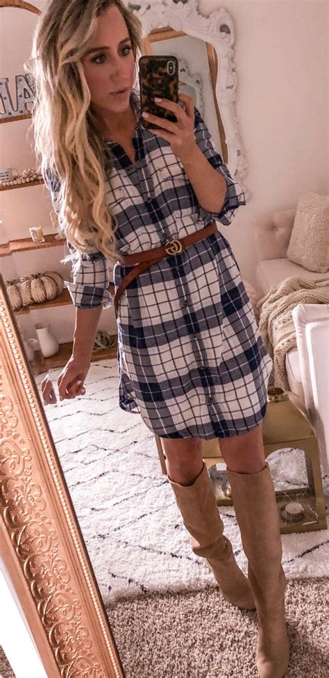 gray and white plaid long sleeve dress fall outfits fashion perfect fall outfit