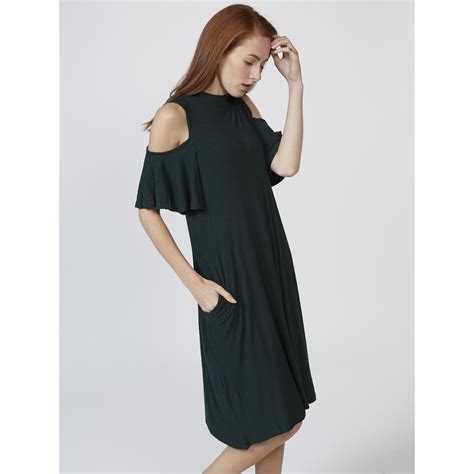 Cold Shoulder Trapeze Dress With Flutter Sleeves And Pockets By Nina