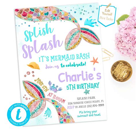 Splish Splash Mermaid Birthday Invitation Template Mermaid Etsy
