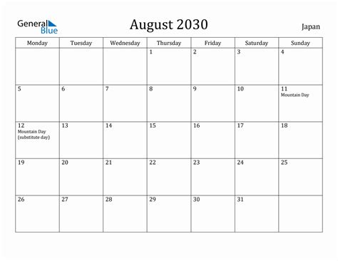 August 2030 Japan Monthly Calendar With Holidays