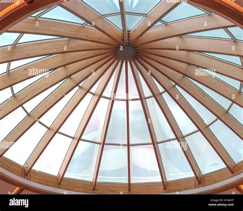 Timber Beams Of A Roof Forming A Circular Skylight Stock Photo Alamy