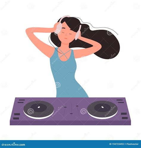 Dj Pretty Young Woman On Musical Party Vector Illustration Cartoon