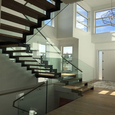 Double Side Stinger Wooden Tread Straight Staircase With Glass Railing