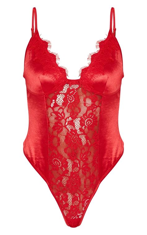 red satin lace insert body lingerie prettylittlething ksa