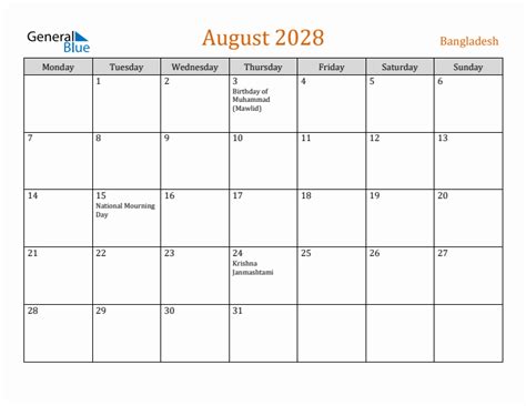 August 2028 Bangladesh Monthly Calendar With Holidays