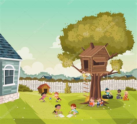 Niños De Dibujos Animados Jugando En El Patio Trasero De Una Casa