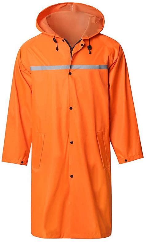 Mens Long Hooded Safety Rain Jacket Waterproof Emergency Raincoat