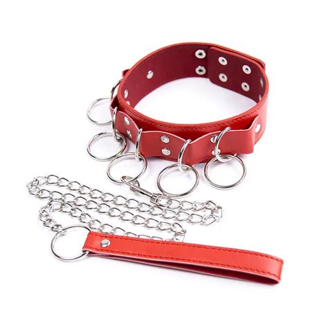 Sexy Slave Red 5 O Ring Adjustable Bondage Collar With Leash Fetish