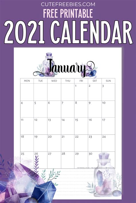 2021 Calendar Printable Purple Crystals Cute Freebies For You