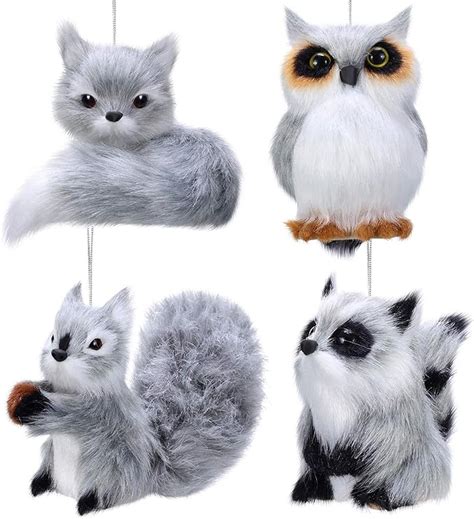 Sumind 4 Pieces Plush Animal Ornament Woodland Fur Animal Ornaments