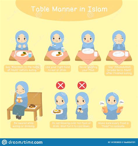 And table manners are about more than just elbows and so print this adorable free table manner for kids printable and post it somewhere near the dinner table. Islamic Table Manner For Kids Vector Set Stock Vector ...