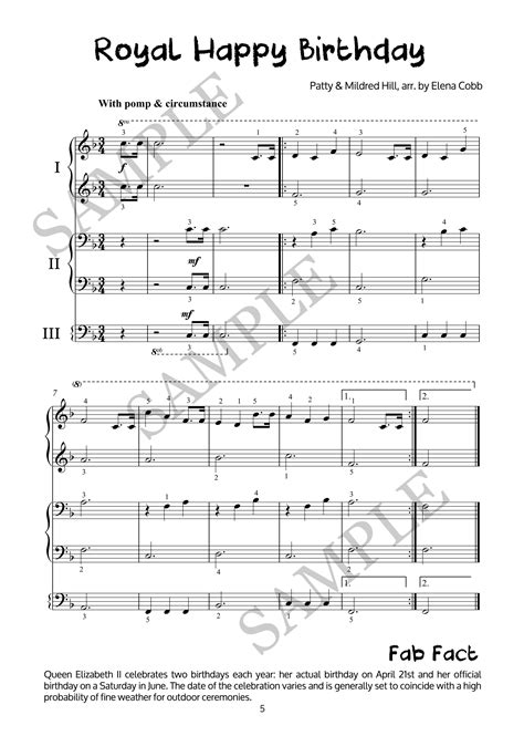 Here are two happy birthday easy piano music arrangements for young pianists. Royal Happy Birthday Piano Trio arrangement by Elena Cobb