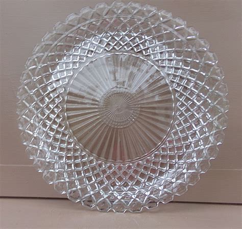 Large Glass Cake Plate Or Platter Diamond Design 14 Inch Diameter Raised Rim Clear Glass
