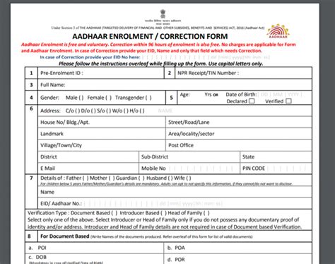 Aadhaar Card Application Form Required Documents For
