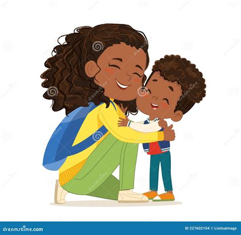 Laughing Brunette African American Young Mother Hugging Little Cute Son