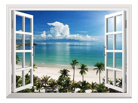 White Beach With Blue Sea And Palm Tree Open Window Mural Wall Sticker