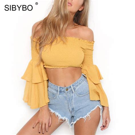 Sibybo Off Shoulder Flare Sleeve Short T Shirts Woman Long Sleeve Slash Neck Slim Crop Top Women