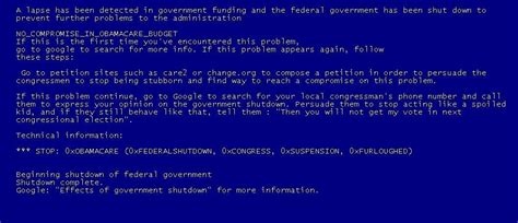 My Bsod Parody On The Current Government Shutdown Blue Screen Of