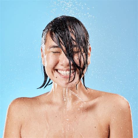 Premium Photo Water Shower And Woman Skincare Cleaning And Wellness Against Mockup Studio Blue