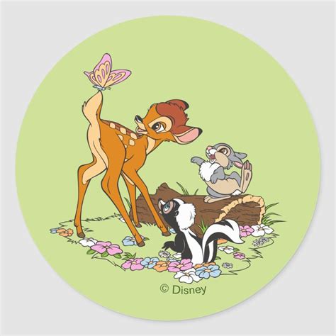 Bambi With Butterfly On Tail Classic Round Sticker Zazzle Deer Cartoon Bambi Round Stickers