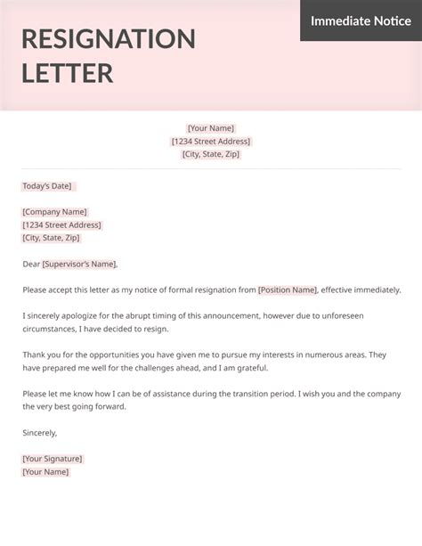 Sample Letter Of Resignation Effective Immediately Printable Pdf