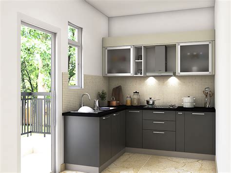 Economical Grey L Shaped Modular Kitchen Design Using Champagne And
