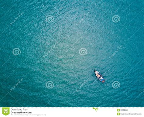 Fishing Boat In The Sea Bird Eye View From Drone Stock Photo Image