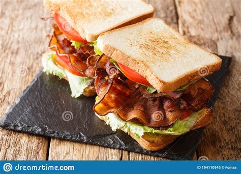 American Fast Food Blt Sandwich With Bacon Fresh Salad And Tomatoes
